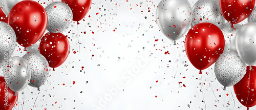 Colorful celebration with red and silver balloons and confetti, perfect for a festive event backdrop or party invitation.