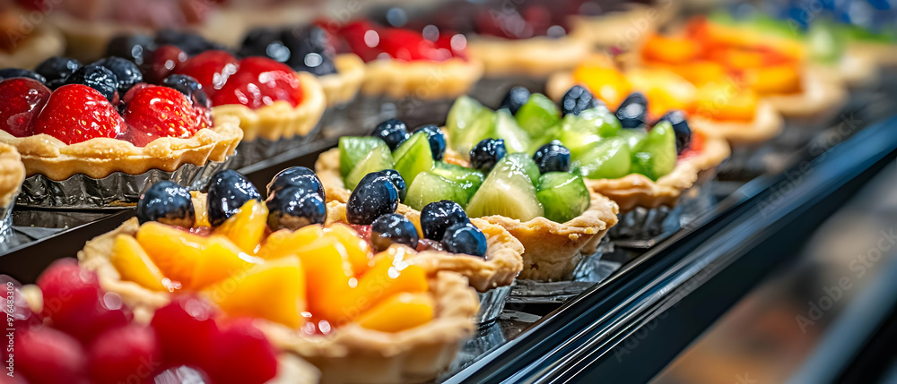 Colorful fruit tarts arranged in a neat row, featuring fresh berries ...