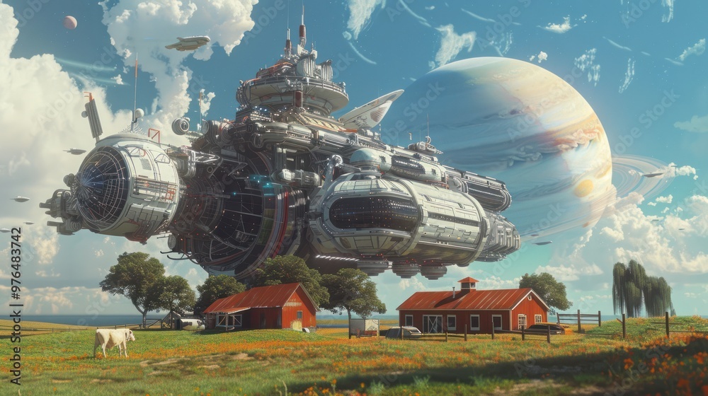 Fototapeta premium Spaceship Over Rural Landscape