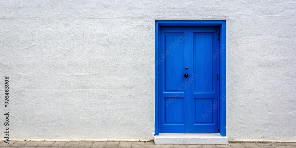 Vibrant indigo door standing out on a white building facade Vibrant indigo door standing out on a white building facade