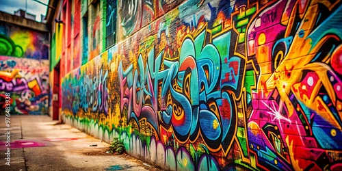 Graffiti-covered wall with abstract patterns and depth of field technique applied