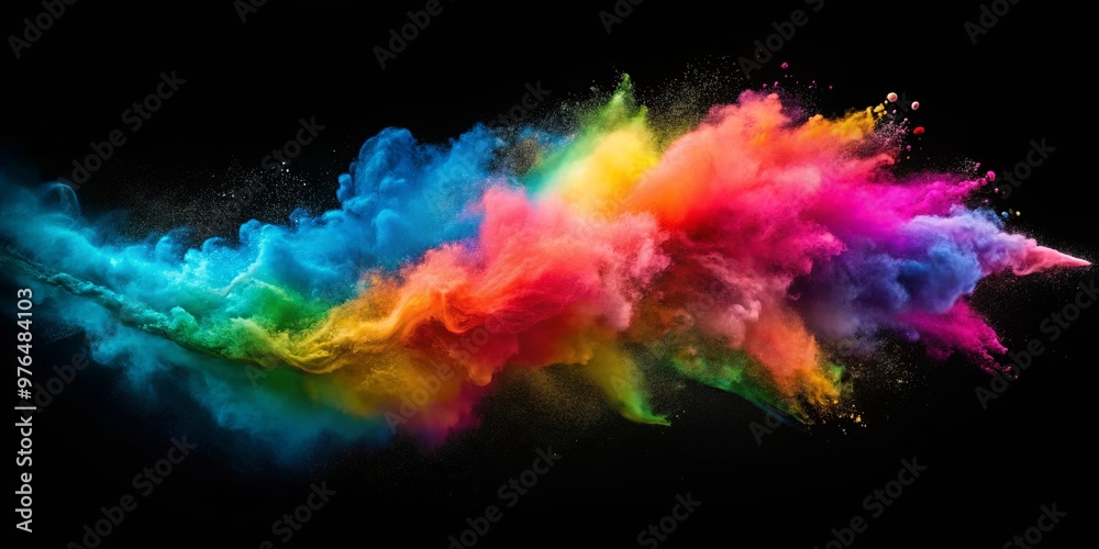 Vibrant multicolored substance flying in the air against dark backdrop Vibrant multicolored substance flying in the air against dark backdrop