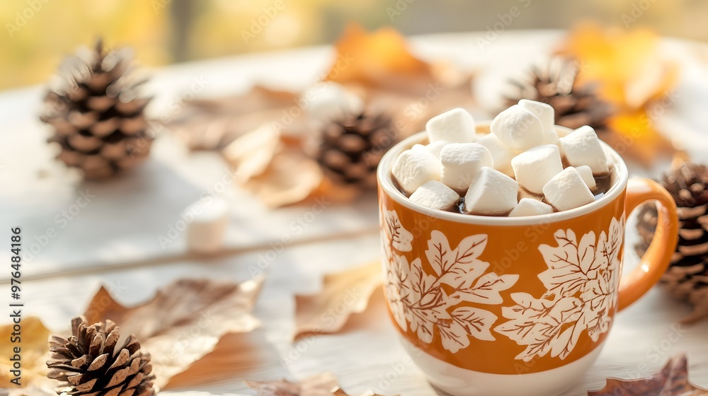 A cup of coffee with marshmallows on the table, surrounded by autumn leaves and pine cones, Generative AI A cup of coffee with marshmallows on the table, surrounded by autumn leaves and pine cones, Generative AI