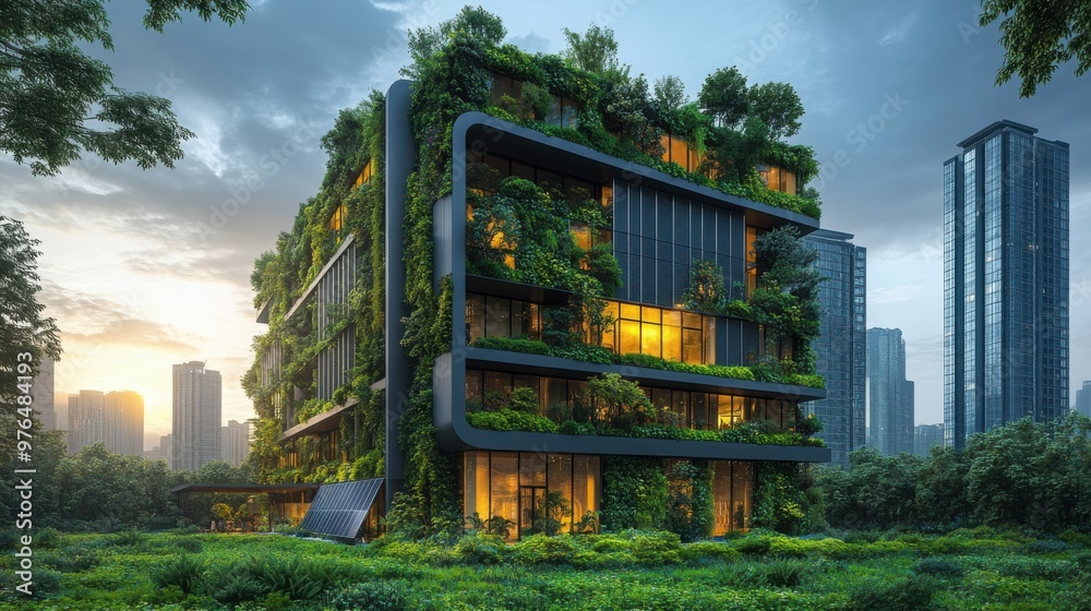 Futuristic Urban Architecture: Eco-Friendly Skyscraper with Solar Panels and Green Roofs Amid City Greenery Futuristic Urban Architecture: Eco-Friendly Skyscraper with Solar Panels and Green Roofs Amid City Greenery