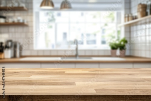 kitchen table background, wood counter top on blur of white clean abstract home interior with bokeh. used for display or montage your wooden for dining background. tabl banner, podium , ai