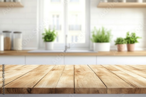 kitchen table background, wood counter top on blur of white clean abstract home interior with bokeh. used for display or montage your wooden for dining background. tabl banner, podium , ai