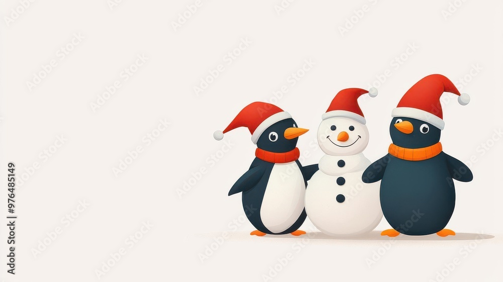 Penguins with Christmas hats, building a snowman, flat design illustration Penguins with Christmas hats, building a snowman, flat design illustration