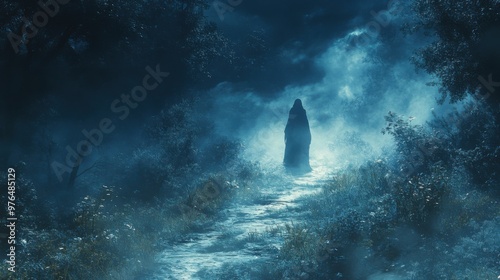 Eerie Encounter in the Moonlit Forest - Ghostly Figure in Haunting Atmosphere