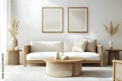 Elegant interior design featuring a minimalist living room with neutral tones, cozy furniture, and stylish decor elements.