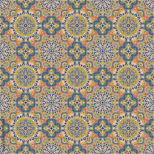 A colorful abstract pattern featuring intricate floral designs in various hues on a soft background.