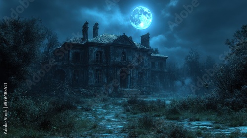 Haunting Beauty of an Abandoned Mansion: Ghostly Glow in Moonlit Night