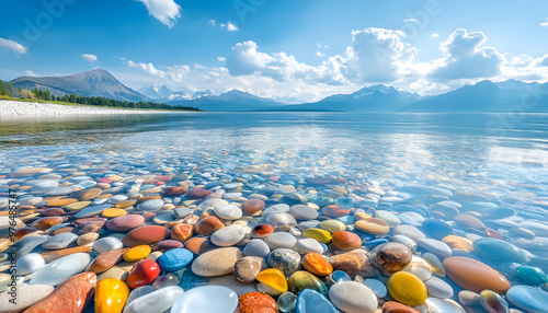 The sea is full of colorful pebbles, and the pebble beach on both sides is covered with many colored glass stones