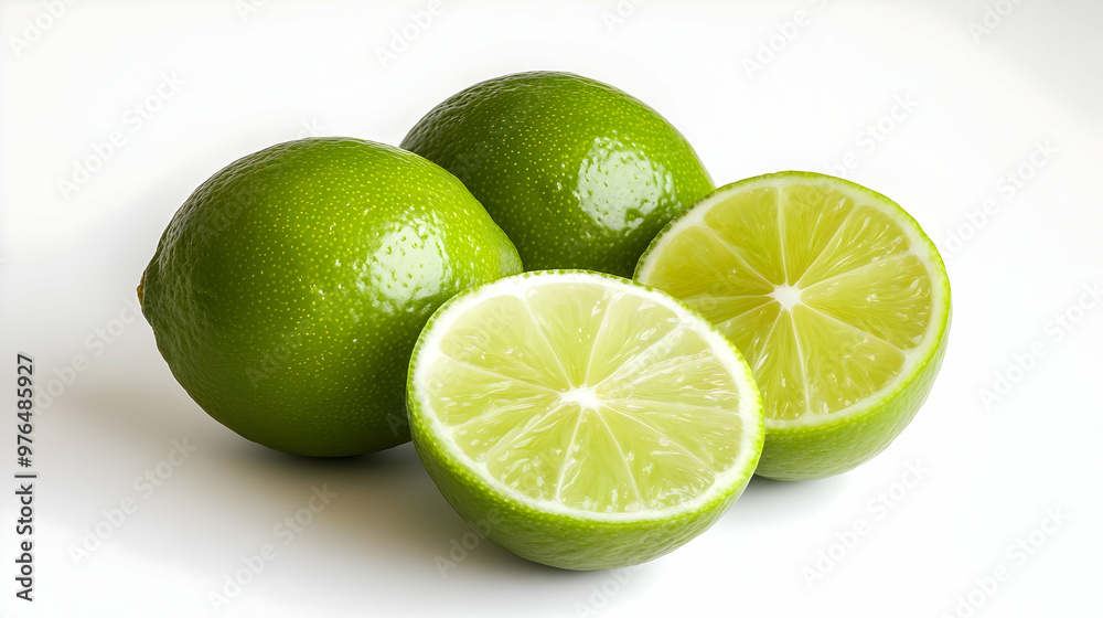 Fresh green limes with one sliced in half, showcasing juicy, vibrant fruit suitable for culinary and beverage use. Fresh green limes with one sliced in half, showcasing juicy, vibrant fruit suitable for culinary and beverage use.