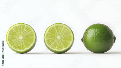 Fresh green limes and sliced lime halves displayed on a clean white background, ideal for culinary and health themes.