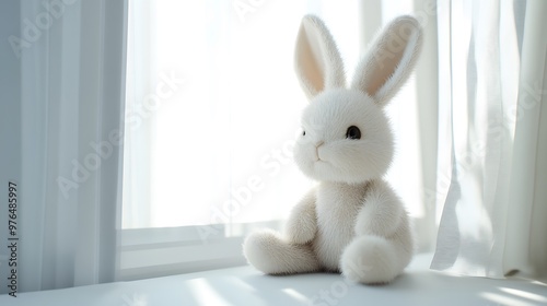 A cute rabbit doll placed by the window, Generative AI 