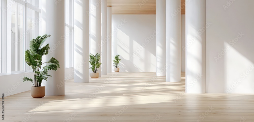 Hall with minimalist Swedish design, white pillars, and birch wood flooring. Hall with minimalist Swedish design, white pillars, and birch wood flooring.