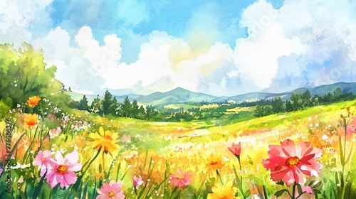 Fototapeta Naklejka Na Ścianę i Meble -  Watercolor painting of a meadow with wildflowers and mountains in the background.