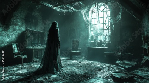 Eerie Haunted Attic with Ghostly Figure and Cobwebs - Spooky Abandoned Room with Dusty Furniture and Broken Window