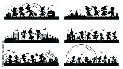 Set of trick or treat silhouettes , Spooky halloween border illustration,Cute Cartoon Style Illustration for Kids' Holiday Halloween vector for decoration or sticke