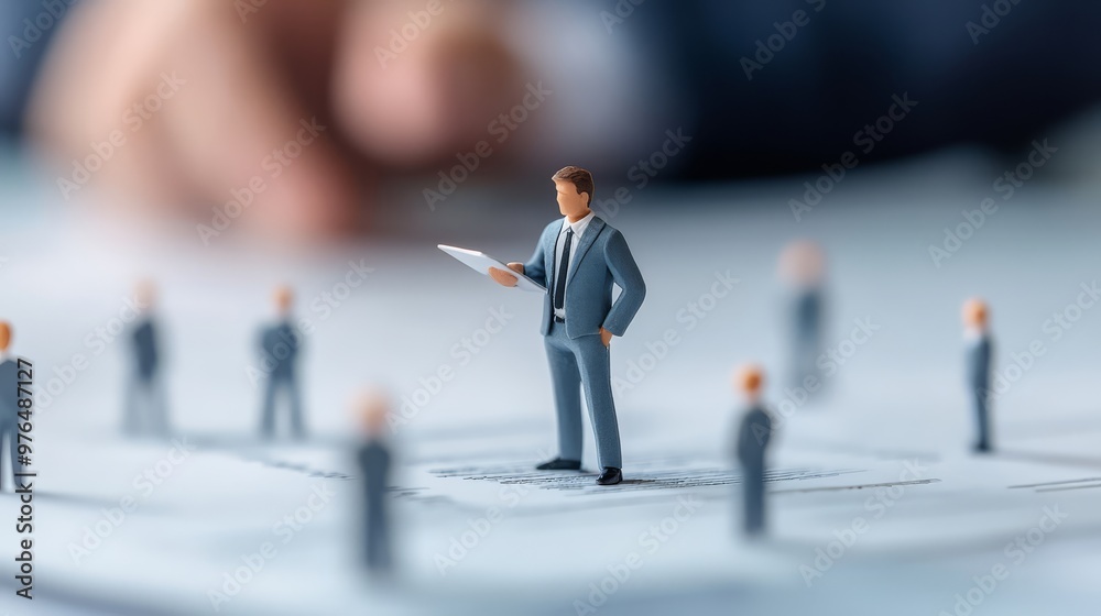 Miniature businessman standing on documents with blurred background, symbolizing corporate strategy and leadership in a competitive environment. Miniature businessman standing on documents with blurred background, symbolizing corporate strategy and leadership in a competitive environment.