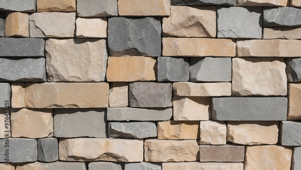 Obraz premium close-up view of a stone wall. The wall is composed of irregularly shaped stones of varying sizes, fitted together in a mosaic-like pattern