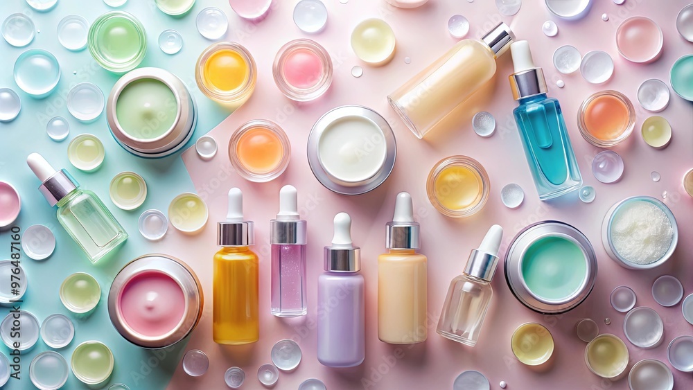 Composition of various gel or cream serums on pastel background Composition of various gel or cream serums on pastel background
