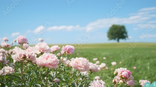 A field full of peony roses and clear blue sky, Generative AI 