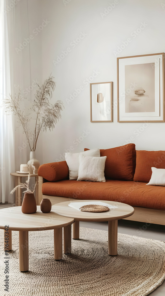 Fototapeta premium Stylish living room featuring a cozy brown sofa, elegant decor, and minimalist design, perfect for contemporary interiors.