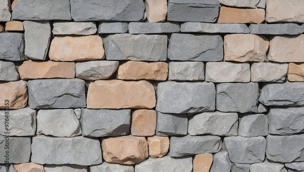Fototapeta premium close-up view of a stone wall. The wall is constructed with irregularly shaped stones of varying sizes, predominantly in shades of gray and light brown