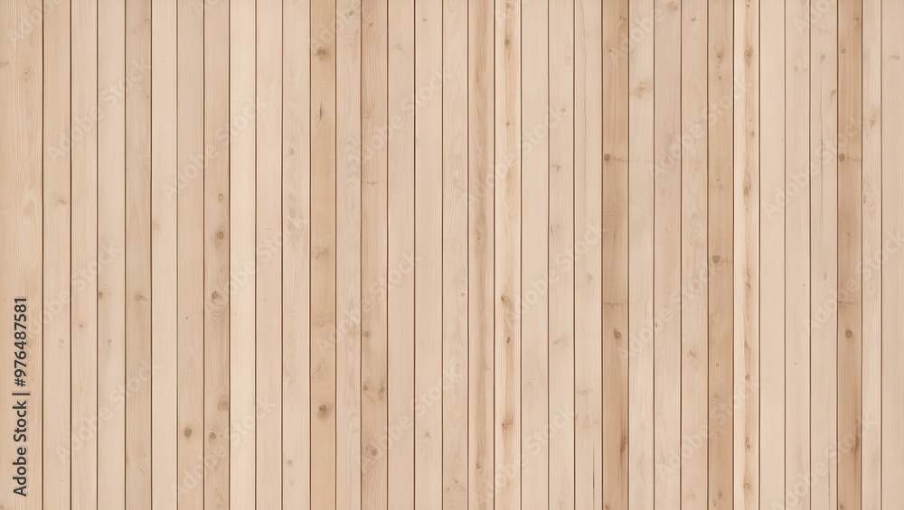 Naklejka premium vertical layout of a wooden wall with a series of evenly spaced, vertical planks. The wood has a light, natural color with visible grain patterns and some areas showing darker, weathered spots.
