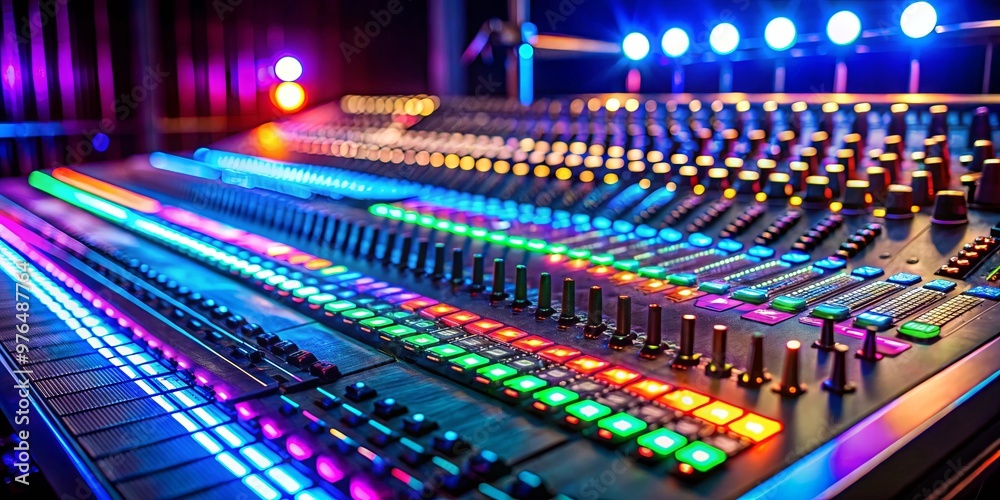 A sound board with neon lights and controls for music production A sound board with neon lights and controls for music production