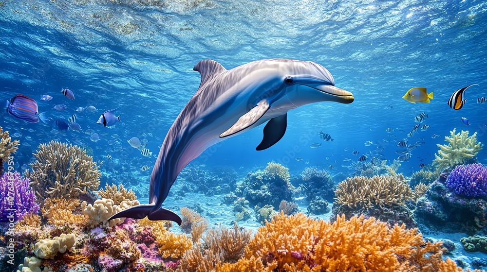 A playful dolphin swims gracefully amidst vibrant coral reefs and tropical fish in a stunning underwater paradise.