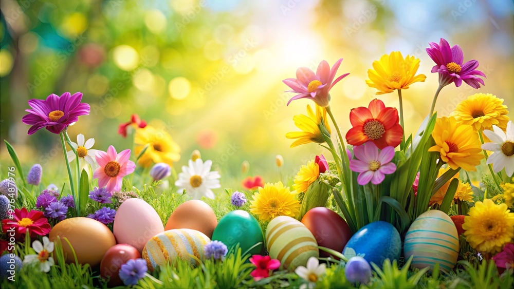 Colorful flowers and Easter eggs with a nature background, perfect for spring holidays Colorful flowers and Easter eggs with a nature background, perfect for spring holidays