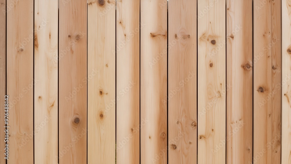 Fototapeta premium close-up view of a wooden fence. The fence is composed of vertical wooden planks that are light brown in color with visible wood grain and knots