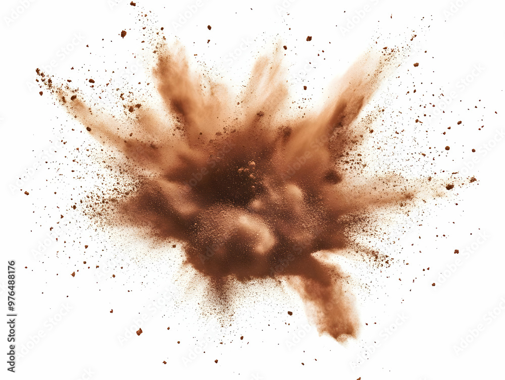 Vibrant explosion of brown powder creating a stunning visual effect against a white background, ideal for artistic compositions.