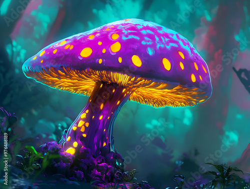 Vibrant fantasy mushroom glowing in a mystical forest, showcasing vivid colors and enchanting details for a magical atmosphere. photo