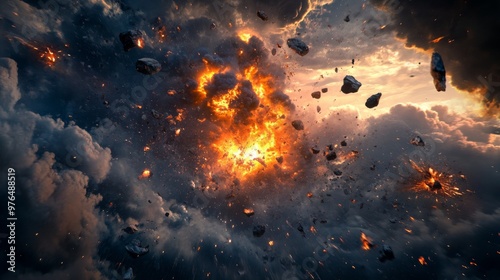 Obraz na płótnie A fiery explosion in the sky with debris flying in all directions. w salonie