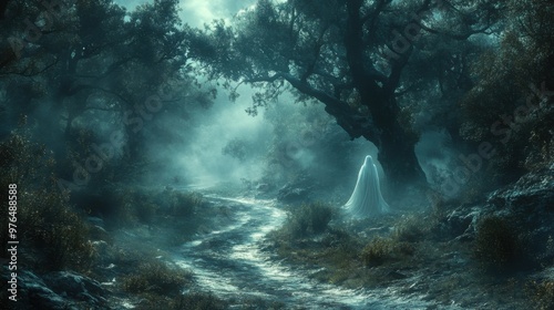 Haunted Forest: Eerie Mist and Ghostly Presence on Winding Road through Dark Woods