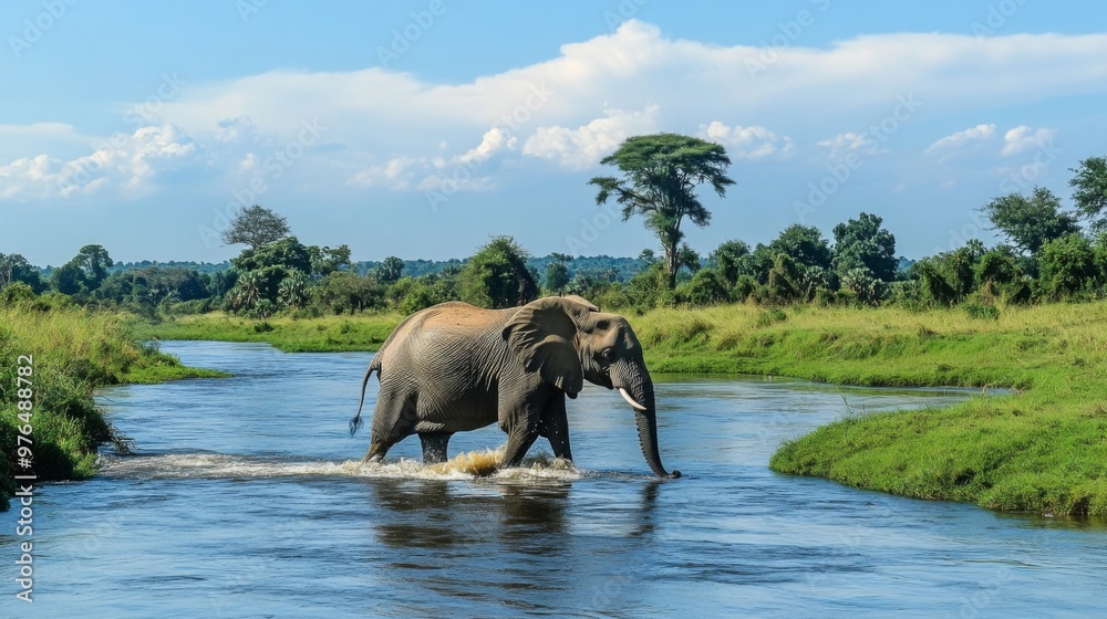 A large African elephant walks through a river, the water level reaching its belly. A large African elephant walks through a river, the water level reaching its belly.