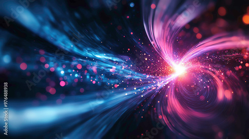 A swirling visualization of quantum physics with particles and energy waves, intertwining in space-time, capturing the beauty of entanglement and wave-particle duality in vivid, luminous colors. photo