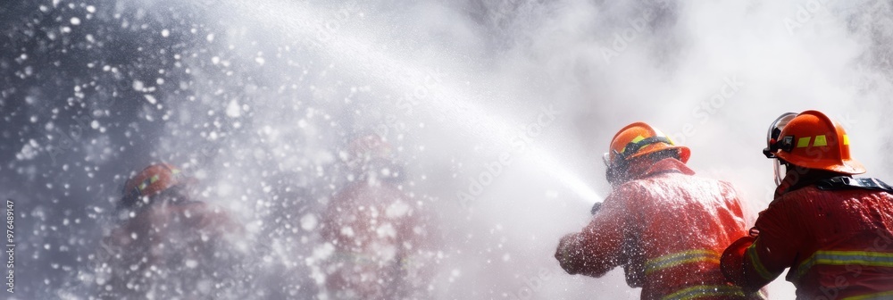 Image of firefighters using a hose to spray water and put out a fire, with one firefighter handling the hose and others visible in the background surrounded by smoke. Image of firefighters using a hose to spray water and put out a fire, with one firefighter handling the hose and others visible in the background surrounded by smoke.