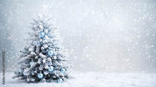 Elegant white and blue Christmas tree with shimmering silver ornaments and soft blue lights, set against a snowy background, leaving space at the bottom for text