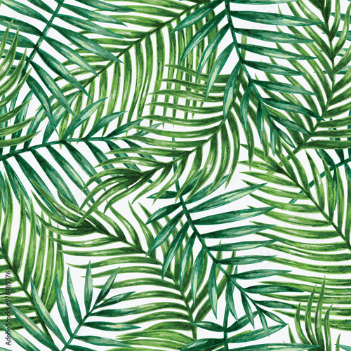 A vibrant pattern of green palm leaves, showcasing a tropical and natural aesthetic suitable for backgrounds and designs.