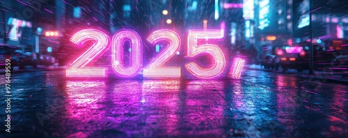 Vibrant neon lights framing the glowing year "2025," with electric blues, purples, and pinks radiating from the numbers, creating a futuristic and dynamic atmosphere. realistic photo