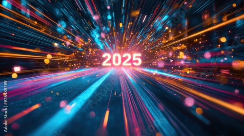 The year "2025" shines in bright, glowing white, surrounded by a burst of colorful light trails and swirling neon hues, evoking energy and excitement for the future. realistic photo