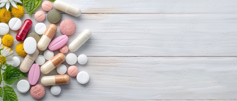 Assorted Capsules and Tablets with Floral Accents, a vibrant collection of multicolored pills alongside lush greenery and cheerful yellow flowers on a rustic wooden surface