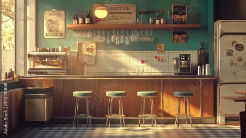 A retro cafe interior with a wooden counter, stools, and a vintage espresso machine.