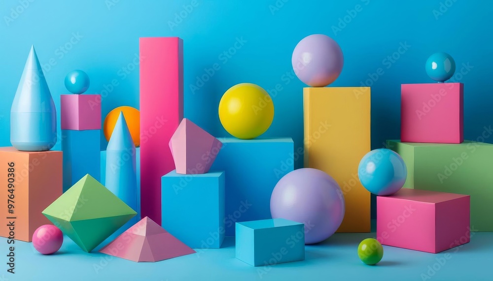 Vibrant Geometric Playfulness, a lively arrangement of colorful shapes including spheres, cubes, and pyramids against a bright blue backdrop, evoking creativity and fun.