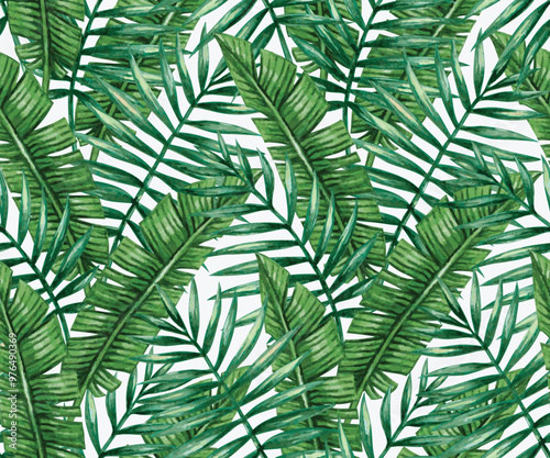 A vibrant pattern of green tropical leaves, showcasing a lush and natural aesthetic.