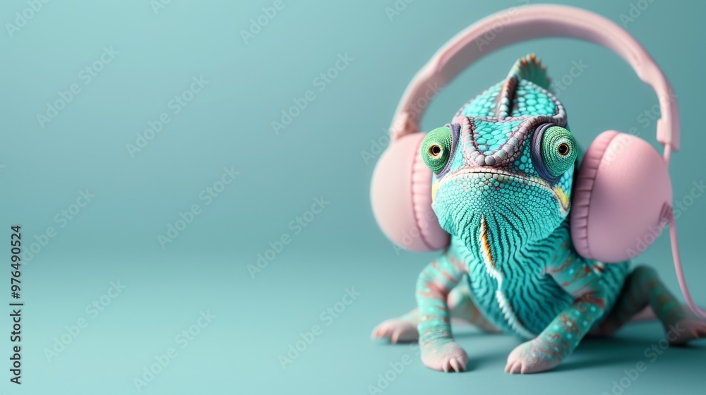 Charming chameleon with oversized pastel headphones chilling against a soft turquoise backdrop, embodying a quirky blend of nature and modern style Charming chameleon with oversized pastel headphones chilling against a soft turquoise backdrop, embodying a quirky blend of nature and modern style